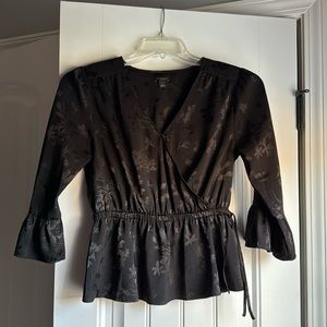Ann Taylor Factory Black Blouse with Floral Detail and Bell Sleeves